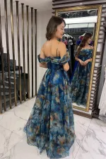 Robe longue en organza floral à fines bretelles et manches basses pour femme, drapée sur le devant, doublée