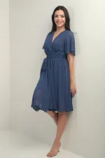 Women's Double-Breasted Flounce Sleeve Lined Chiffon Dress