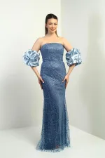 Kadın Straplez Takma Kollu Üstü Tül Pul-Boncuk İşlemeli Astarlı Uzun Abiye Elbise