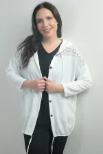 Women's Hooded, Button-Front, Pocketed, Ruffled Plus Size Cardigan