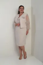 Kadın Kruvaze Yaka Beli Drapeli Elbise Kolları Tül Ceket Astarlı Pul Detaylı Büyük Beden 2'li Takım