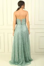 Strapless Lace-Up Back Lined Sequined Long Evening Dress