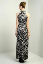 Robe midi imprimée léopard à col halter et détails en pierre pour femme, doublée d'un tissu auto-entoilé.