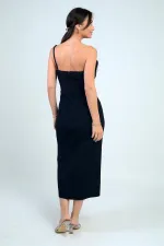 Kadın İnce Tek Askılı Taş Detaylı Balenli Krep Midi Elbise