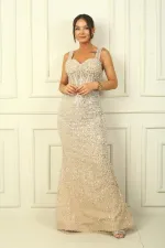 Women's Thick Strap Underwire Transparent Stone and Sequin Long Dress