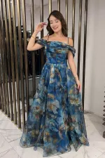 Robe longue en organza floral à fines bretelles et manches basses pour femme, drapée sur le devant, doublée