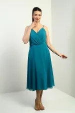 Women's Strappy Wrap Neckline Lined Lace-Up Back Flared Chiffon Dress