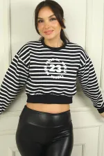 Women's Horizontal Striped 23 Printed Oversized Crop Sweatshirt with Raised Inside