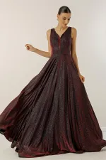 V-Neck Echo Tulle Glittery Lined Evening Dress