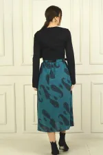 Kadın Beli Kemerli Eteği Şal Desenli Astarlı Elbise