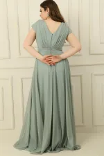 Wrap Neck, Lined, Nail Sleeve, Full Circle, Flared Chiffon Tulle Plus Size Long Dress