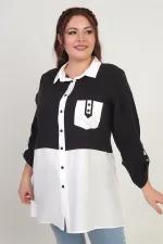 Kadın Kol Katlamalı Cepli İki Renkli Büyük Beden Lyocell Gömlek