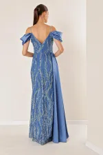 Chain Strap Front Back V Neck Low Sleeve Glittery Flock Printed Lined Long Fishtail Dress