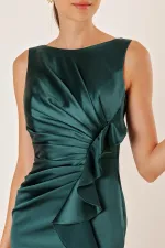 Kadın Önü Drapeli Volanlı Astarlı Uzun Saten Elbise