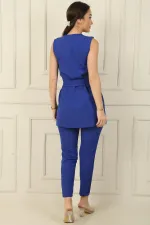 6 Düğmeli Sahte Cepli Kuşaklı Yelek Beli Lastikli Dar Paça Pantolon 2'li Takım