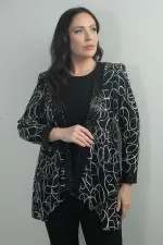 Ensemble deux pièces pour femme : veste en mousseline à motifs abstraits avec détails de sequins sur le devant et les manches, chemisier en lycra à manches longues, grandes tailles.