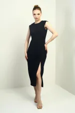 Kadın Kendinden Telalı Önü Yırtmaçlı Midi Elbise