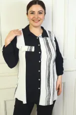 Chemise grande taille pour femme avec fausses poches, manches retroussables et rayures verticales