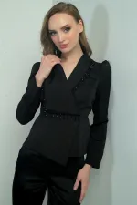 Women's Shawl Collar Beaded Embroidered Jacket with Back Zipper and Gathered Shoulders