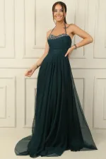 Önü Drapeli Taş Detaylı Astarlı Uzun Tül Abiye Elbise