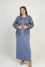 Ensemble 2 pièces pour femme, comprenant une veste en tulle ornée de sequins et de perles, une robe longue à manches demi-lune en crêpe doublée et un pantalon grande taille.