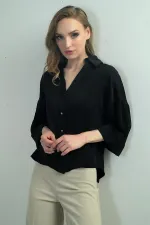 Kadın Polo Yaka Yarım Duble Kollu Arkası Körüklü Krep Saten Bluz