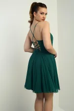 Kadın İp Askılı Arkası Bağlamalı Önü Pencereli Astarlı Şifon Kısa Kloş Elbise