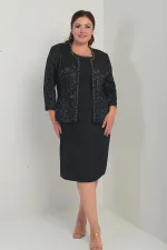 Women's Sleeveless Lined Dress with Sequin Embellished Jacket and Stone Detail, Plus Size Two-Piece Set