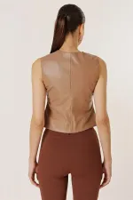 Önü Düğmeli Cepli Astarlı Deri Yelek