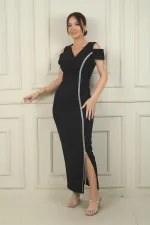 Robe longue en crêpe à rayures brillantes, col en V, manches basses et fronces sur le devant