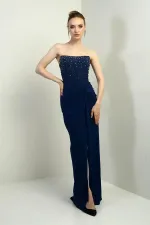 Kadın Straplez Taş-Boncuk Detaylı Önü Düğümü Uzun Sandy Elbise