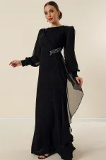 Beli Taş Aksesuarlı Likralı Şifon Detaylı Astarlı Uzun Simli Geniş Beden Aralıklı Elbise