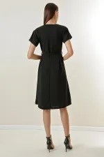 Double-Breasted Pleated Waist Belted Aerobin Dress