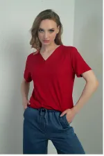 Women's V-Neck Short-Sleeve Blouse with Slit