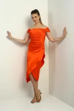 Women's Madonna Neckline Draped Asymmetrical Satin Short Dress