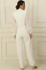 Kruvaze Yaka Kolları Şifon Boncuk Detaylı Tulum