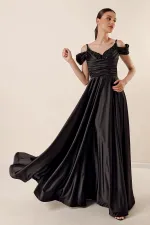 İp Askılı Düşük Kollu Taş Detaylı Önü Drapeli Astarlı Uzun Saten Abiye Elbise