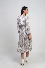 Women's Double-Breasted Waist Belted Lined Chain Pattern Pleated Midi Satin Dress