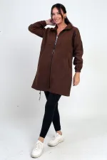Manteau long en cachemire pour femme avec fermeture éclair sur le devant et poches élastiquées