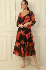 Madonna Collar Lined Cross-Lace Floral Double Breasted Chiffon Dress