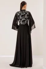 Pullu Yaldızlı Beli Taş Ve Tüy Detay Kemerli Astarlı Karışık Desenli Büyük Beden Şifon Uzun Tesettür Elbise