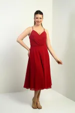 Women's Strappy Wrap Neckline Lined Lace-Up Back Flared Chiffon Dress