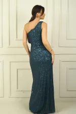 Women's Single Thick Strap Lined Sequin Draped Long Evening Dress