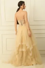 Long, Layered Tulle Taffeta Evening Dress with Beaded Embellishments