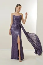 Önü Drapeli Astarlı Straplez Pulpayet Uzun Elbise