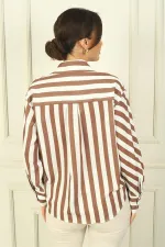 Kadın Asimetrik Çizgili Desen Uzun Kol Gömlek