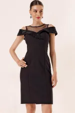 Üst Transparan Tüllü Yakası Pul Payet Elbise