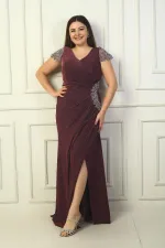 Ön Arka V Yaka Kol Ve Bel Taş Detaylı Astarlı Drapeli Simli Büyük Beden Likralı Uzun Elbise