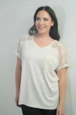 Women's Plus Size Blouse with Lace Detail on Shoulder and Pocket