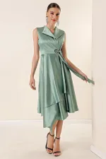 Wrap Neckline Lace-up Satin Dress